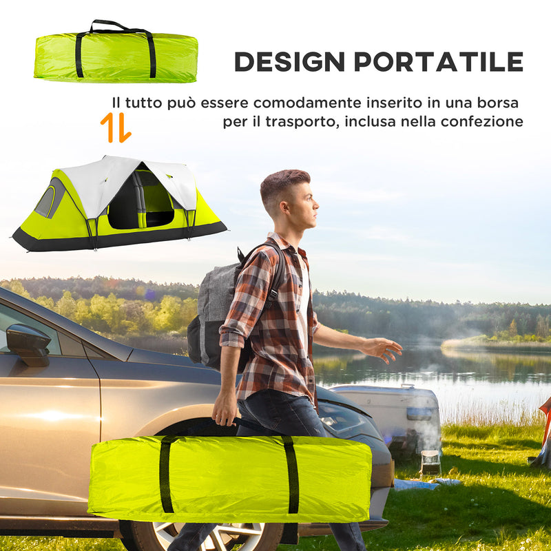 Tenda da Campeggio 4 posti con 2 Spazi Separati 450x215Px180 cm in Poliestere e Fibra di Vetro Verde