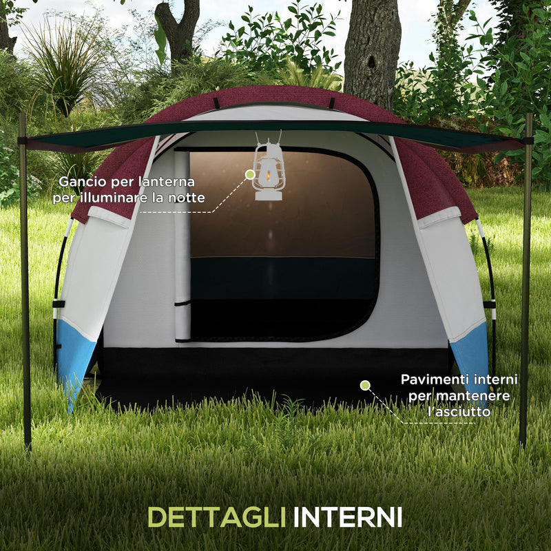 Tenda da Campeggio Impermeabile con 2 Aree e 3 Ingressi 420x200x150 cm in Poliestere e Fibra di Vetro Rosso