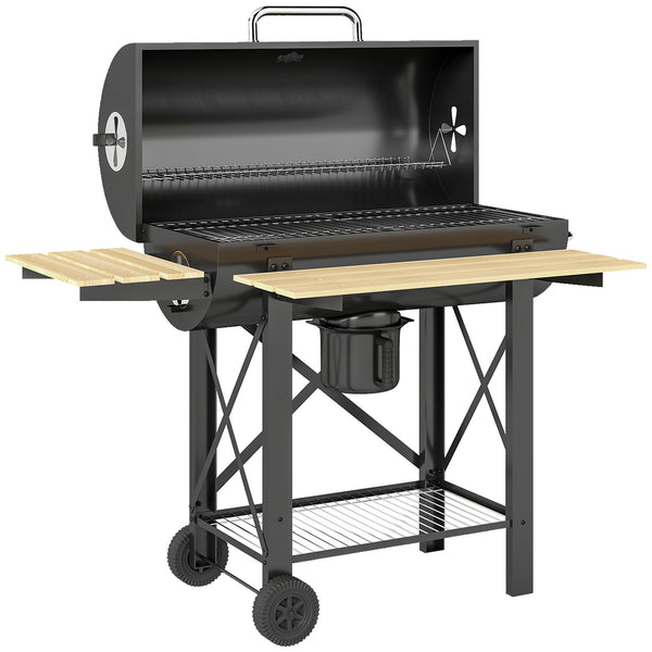sconto Barbecue a Carbone 109x71x98 cm con Griglia Mobile Ripiani Pieghevoli e Termometro in Acciaio e Legno Nero