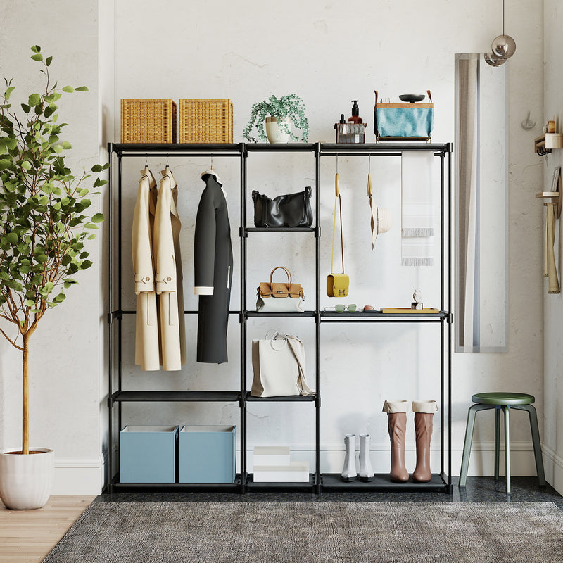 Armadio Guardaroba 182x43x185 cm con 8 Ripiani e 3 Aste per Appendere in Tessuto Nero      