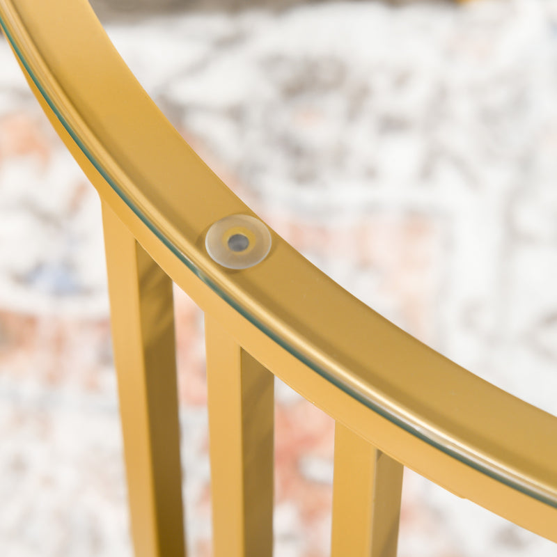 Set 2 Tavolini Impilabili Rotondi in Acciaio Vetro e Legno Truciolato Oro e Rovere