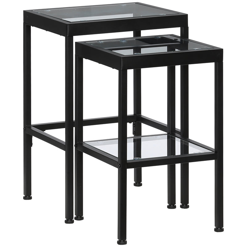 Set 2 Tavolini con Ripiano in Vetro e Struttura in Acciaio Nero