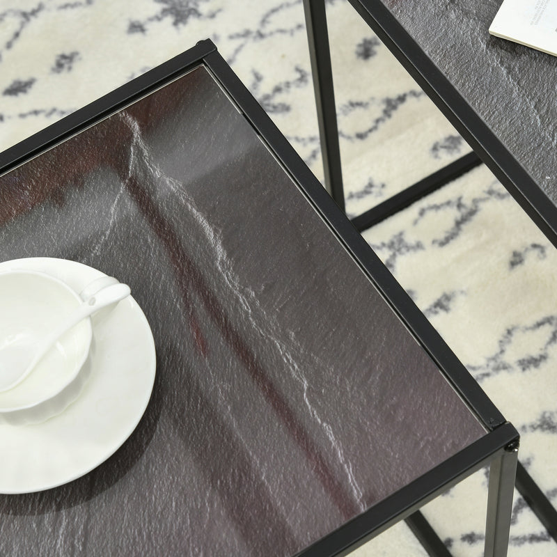 Set 3 Tavolini Quadrati Impilabili in Acciaio e Vetro Temperato Nero e Effetto Marmo