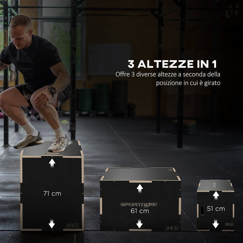 Box Jump Pliometrico a 3 Altezze 76-61-51 cm in Legno Antiscivolo Nero