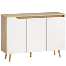 Credenza Moderna 107x35x76,5 cm a 3 Ante con 3 Ripiani Regolabili e 5 Gambe in Legno Bianco e Rovere      