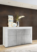 Credenza Mobile da Salotto 3 Porte 138x42x84cm TFT  Build Bianco Lucido e Cemento