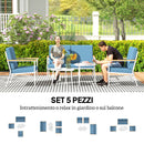 Set  5 Pezzi da Esterno Divano 2 Poltrone e 2 Tavolini in Vetro Azzurro   