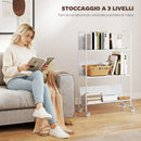 Carrello Portalibri Moderno a 3 Livelli 69x26x108 cm con Ruote Girevoli in Metallo e PP Bianco      