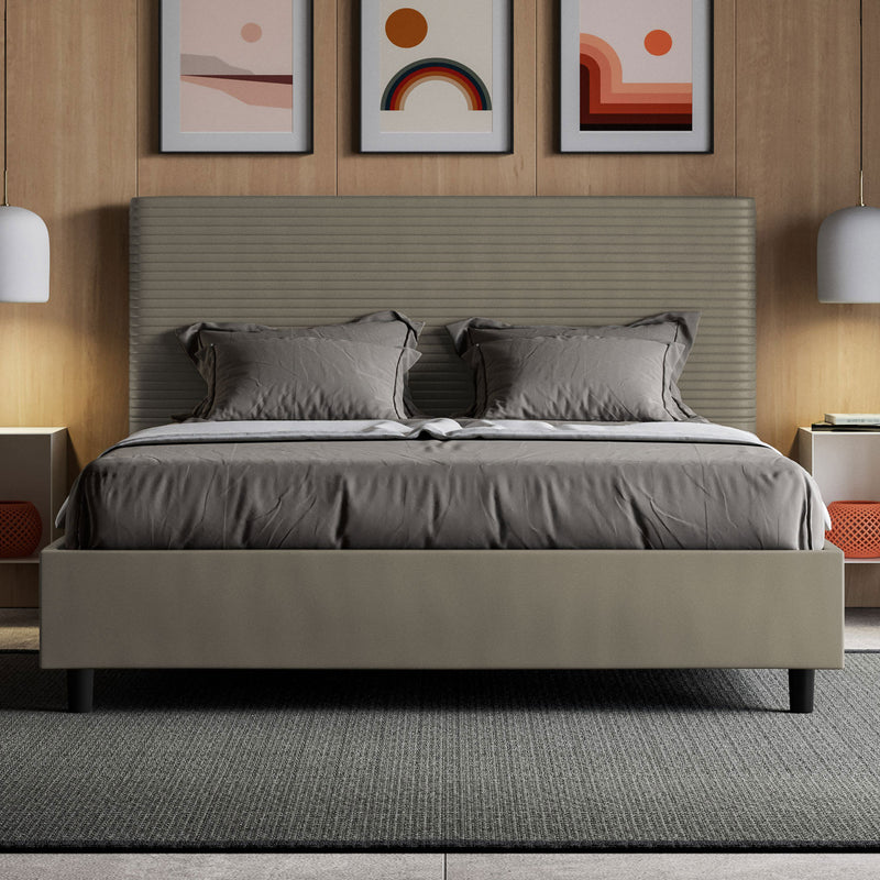 Letto Matrimoniale con Testata e Alzata Comoda Imbottito in Similpelle Focus Cappuccino Varie Misure