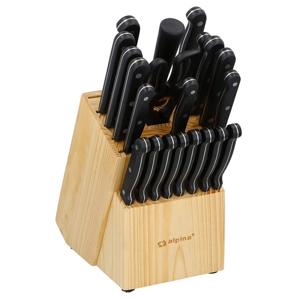 Set Coltelli In Acciaio + Ceppo Portacoltelli Legno 22 Pezzi con Forbici Cucina Alpina acquista