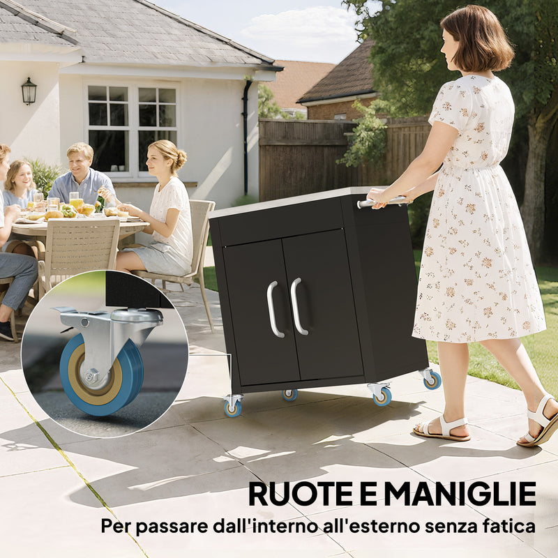 Carrello da Cucina Piano in Acciaio Inox 86x50x86.5 cm Armadietto con Struttura in Metallo Nero   