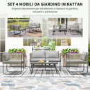 Set da Giardino con Divanetto 2 Poltrone e Tavolino in Vetro in Rattan Grigio    