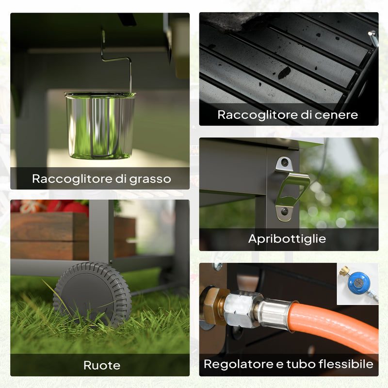 Barbecue a Carbone e Gas con 3 Bruciatori e Coperchio Termometro e Ruote Nero   