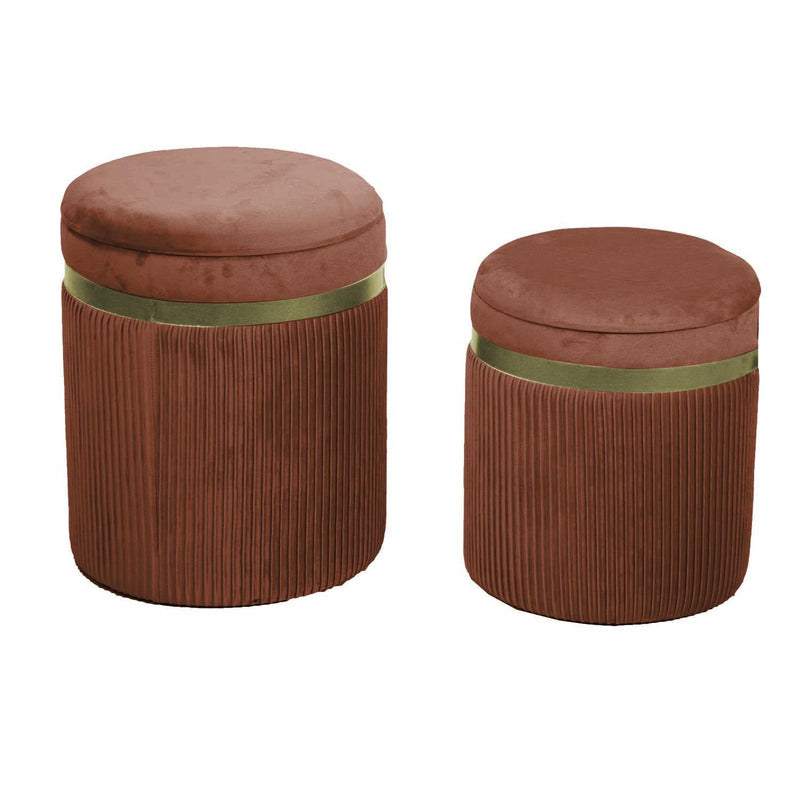 Set 2 Pouf Contenitore Ø35 cm e Ø39 cm in Tessuto Velluto Terra Di Siena