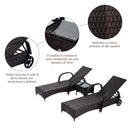 Set 2 Lettini Prendisole da Giardino in Rattan Sintetico Reclinabili Imbottiti con Rotelle e Tavolino Marrone 