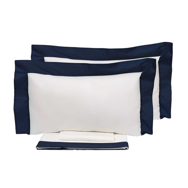 Set Lenzuola Sopra Sotto e Federe Bordi in Raso Garrini Eveline Avorio/Blu Varie Misure sconto