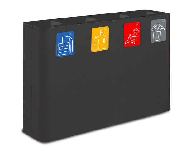 Pattumiera Sistema di Raccolta Rifiuti 120x30xh80 cm In Acciaio Verniciato 4 Scomparti Nero sconto