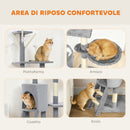 Albero Tiragraffi 60x35x134 cm Torre per Gatti con Casetta Trespolo Piattaforme e 4 Topolini in Legno Peluche e Sisal Grigio      