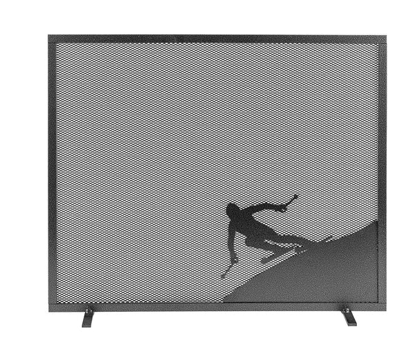 acquista Parascintille per Camino a 1 Anta Design Sciatore 60x51 cm in Ferro Verniciato Grigio Martellato