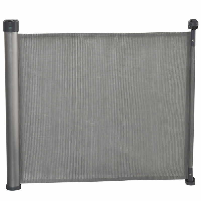 IDMarket Barriera Retrattile Per Animali – Estensibile Fino A 130 Cm, Altezza 85,5 Cm – Tela In PVC Traforato, Grigio, Montaggio Facile