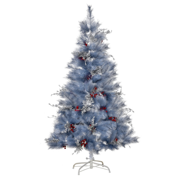 acquista Albero di Natale Artificiale 150 cm 222 Rami con Foglie Argentate e Bacche Rosse