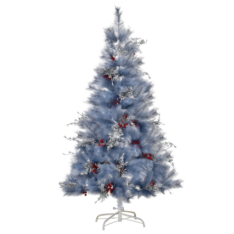 Albero di Natale Artificiale 150 cm 222 Rami con Foglie Argentate e Bacche Rosse
