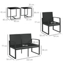 Set da Giardino Divano 2 Poltrone e 2 Tavolini Piano in Vetro   Nero