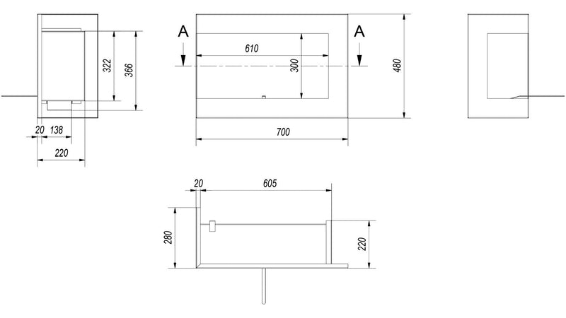 Camino a Bioetanolo da Incasso 70x48 cm Flig Tampa Nero Angolo a Sinistra