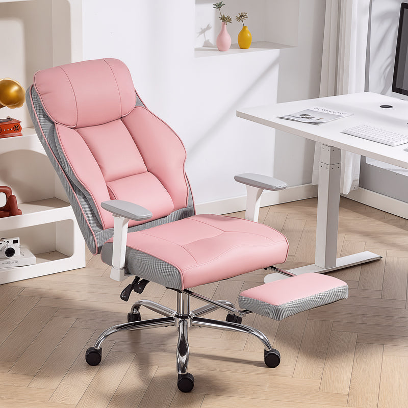 Sedia da Ufficio Ergonomica Rinforzata con Braccioli Regolabili Poggiapiedi e Poggiatesta in PU Rosa      