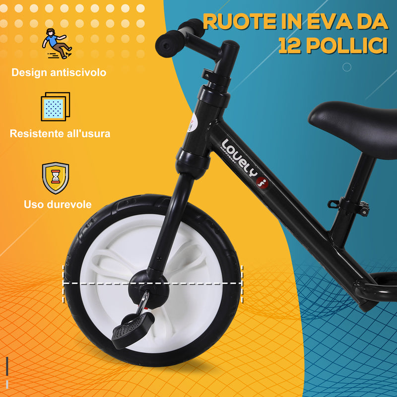Bicicletta Pedagogica Evolutiva per Bambini da 2-5 Anni Sellino Regolabile in Metallo Nero 