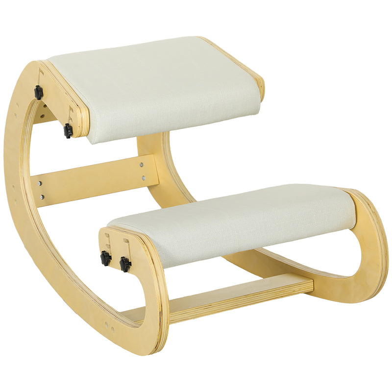 Sedia Inginocchiatoio Regolabile in 6 Posizioni 55x85x55 cm in Tessuto Effetto Lino e Legno di Betulla Crema      