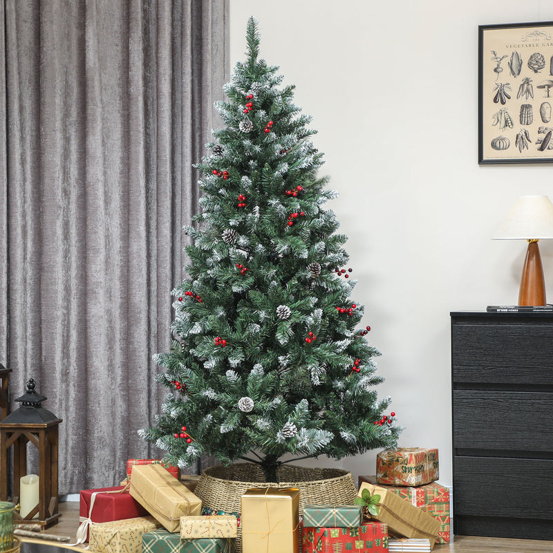 Albero di Natale Alto 180 cm  con 620 Rami Pigne e Bacche Rosse con Base in Metallo Verde      