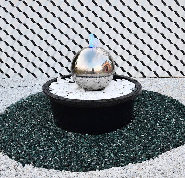 sconto Sfera Cascata Artificiale da Giardino con LED Ø30 cm in Acciaio Inox con Pompa