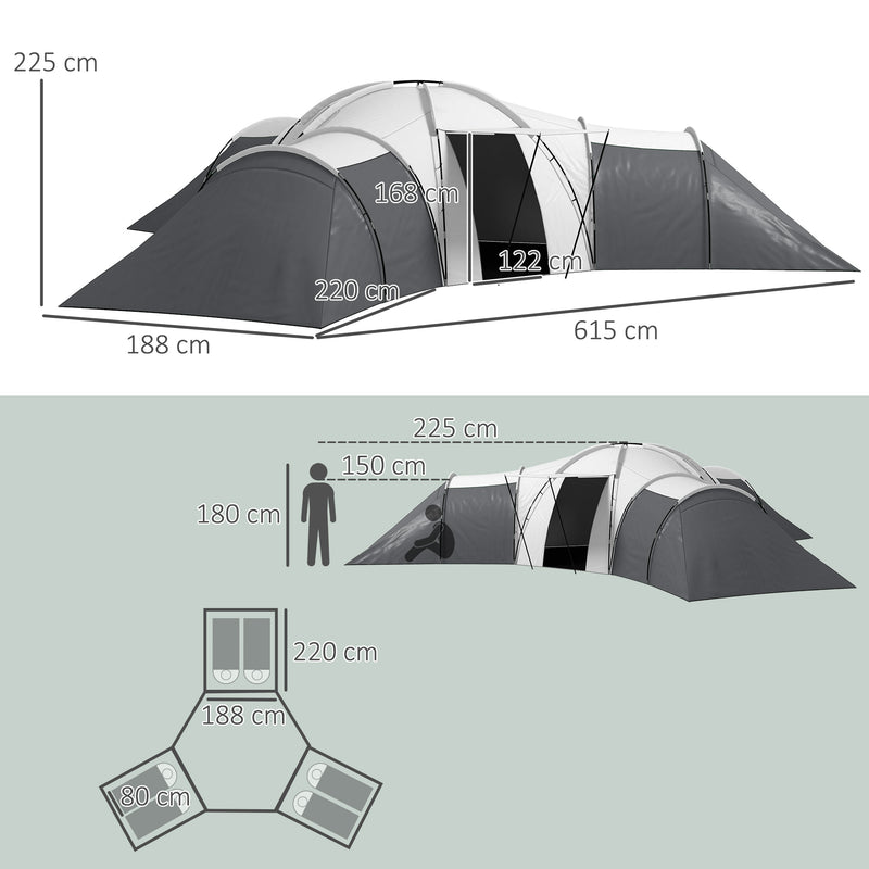 Tenda da Campeggio 6 Posti Impermeabile con 3 Aree Notte Soggiorno e Portico in tessuto Oxford Grigio-3
