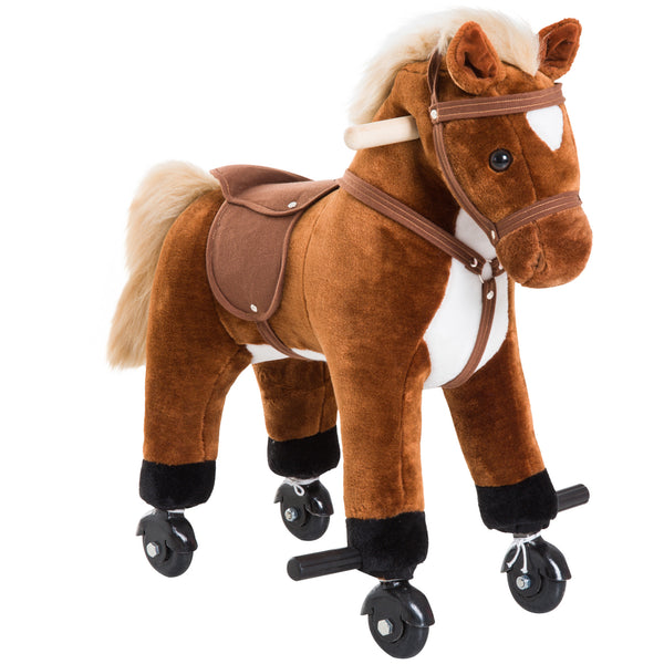 acquista Cavallo per Bambini 2+ Anni 55x23x60 cm con 4 Rotelle Suoni Poggiapiedi Capacità 60 kg in Peluche Marrone