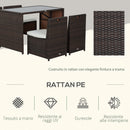 Set Tavolo e 4 Sedie da giardino in Rattan Sintetico e Acciaio con Cuscini Marrone 
