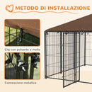 Recinto per Cani con Porticina per Ciotole 211x211x151 cm in Metallo e Tessuto Oxford Nero e Marrone