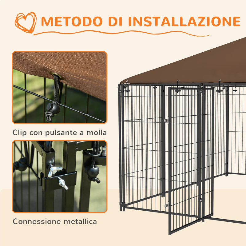 Recinto per Cani con Porticina per Ciotole 211x211x151 cm in Metallo e Tessuto Oxford Nero e Marrone