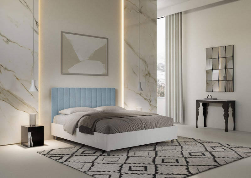 Letto Matrimoniale con Rete e Contenitore Alzata Comoda Struttura Bianco Frassico e Testata in Microfibra Kaia Azzurro Varie Misure