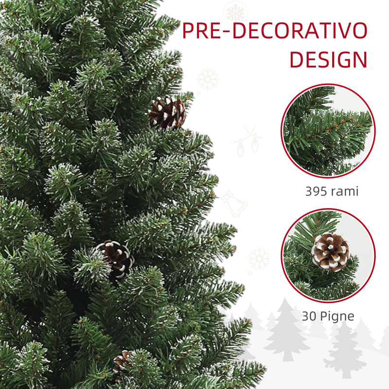 Albero di Natale Innevato Slim 150 cm 395 Rami con Pigne in Plastica e Acciaio Verde  