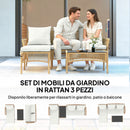 Set 3 Pezzi da Giardino con Divanetto Chaise Longue e Tavolino da Caffè in Acciaio e Rattan PE Crema      