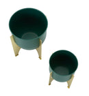 Porta Vasi Grent Shet Set 2 Pz Ø24,5x26 cm - Ø19x21 cm in Ferro Verde e Oro      