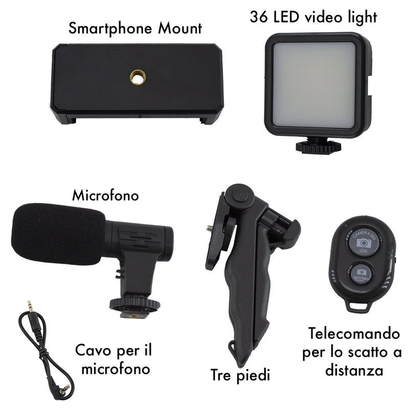 Set per Video Live Microfono Mini Treppiedi e Luce con Telecomando