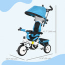 Triciclo Passeggino per Bambini con Maniglione 95x50x106 cm con Cintura di Sicurezza Blu  