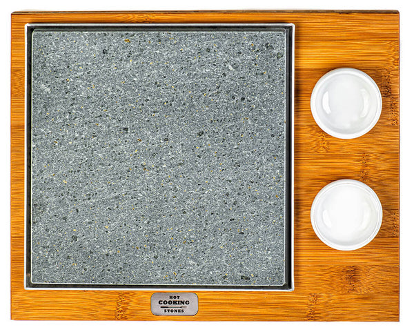 Pietra Lavica 19x19 cm con Ciotole e Supporto in Legno di Bamboo acquista