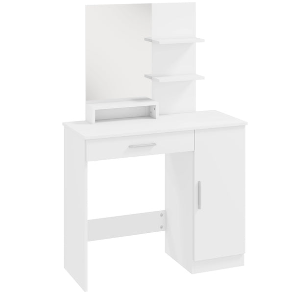 Toeletta da Camera 90x38x138 cm con Armadietto Cassetto Specchio per Trucco e Ripiani Aperti Bianco prezzo