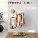 Stand Appendiabiti da Ingresso 68x43x171 cm Asta Ganci e Ripiano Inferiore con Ruote in Metallo Bianco  