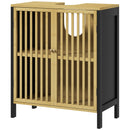 Mobile Sottolavabo Bagno con 2 Ante a Doghe 60x30x70 cm in Legno di Bambù e MDF con Intaglio a U Legno Naturale e Nero