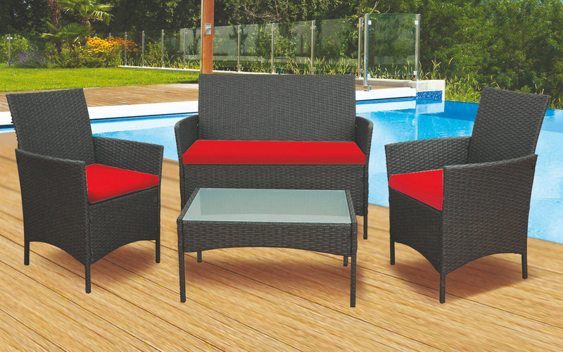 Set da Giardino Divano 2 Poltrone e Tavolino in Polyrattan Soriani Nero e Rosso