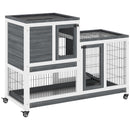 Conigliera 110x50x88 cm Casetta con Rampa Porte Multiple e Ruote in Legno Grigio e Bianco  